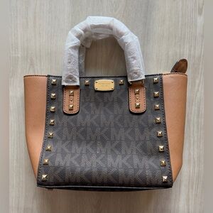 NWT Michael Kors Stud MK Signature Brown Acorn XS Shoulder Crossbody Bag